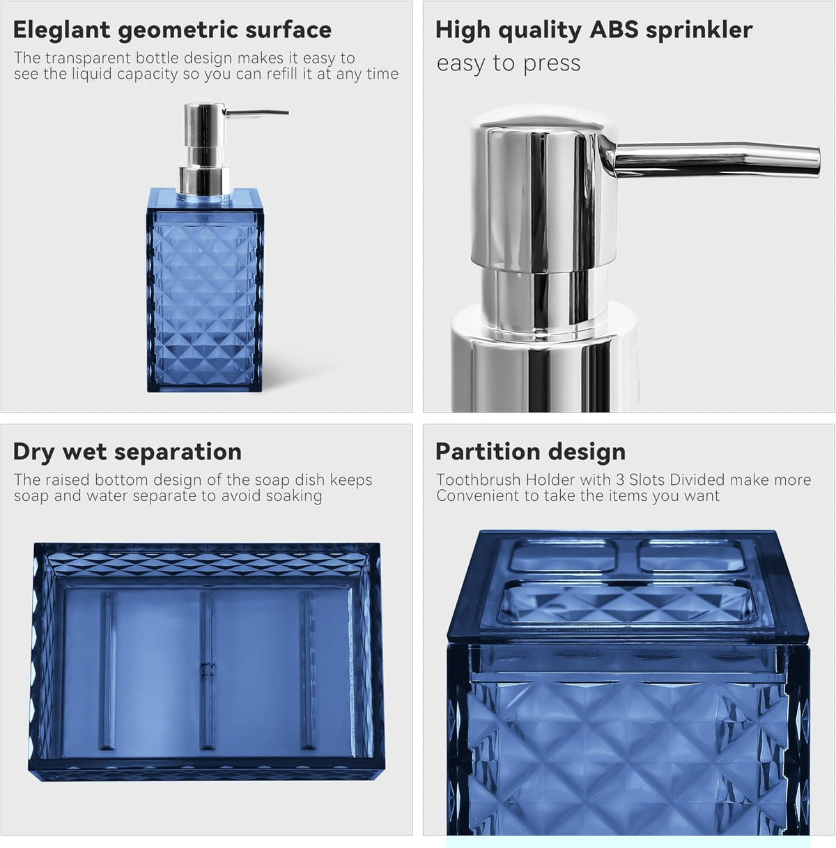 4 PCS Blue Bathroom Accessory Set,Plastic Bathroom Accessories Sets