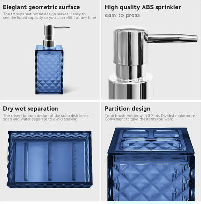 4 PCS Blue Bathroom Accessory Set,Plastic Bathroom Accessories Sets