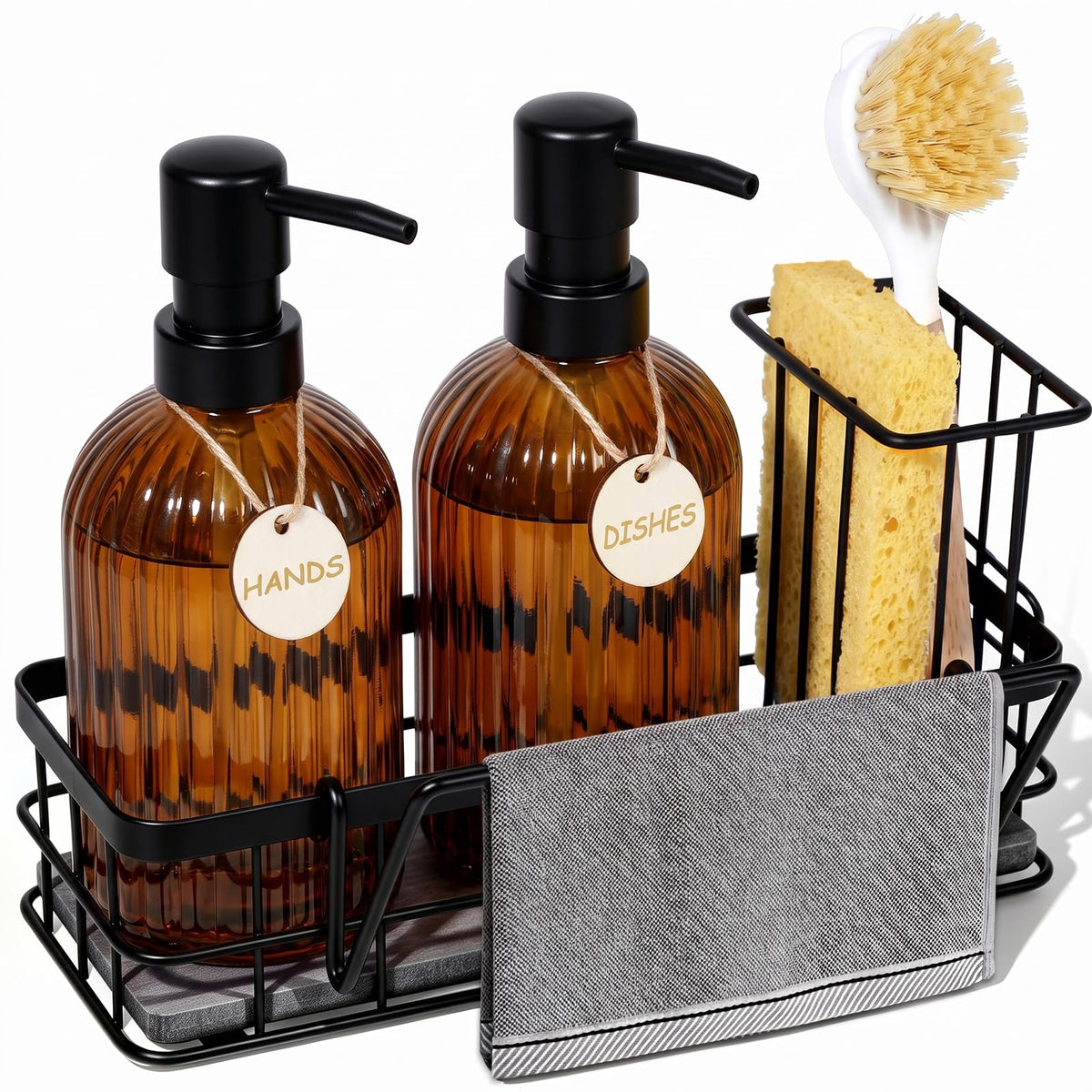Kitchen Soap Dispenser Set, Hand and Dish Soap Dispenser Set with Sponge Holder, Dish Soap Dispenser with Instant Dry Tray for Kitchen Organizer, 15 fl oz Clear Glass Soap Dispenser with Pump
