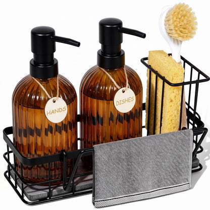 Kitchen Soap Dispenser Set, Hand and Dish Soap Dispenser Set with Sponge Holder, Dish Soap Dispenser with Instant Dry Tray for Kitchen Organizer, 15 fl oz Clear Glass Soap Dispenser with Pump