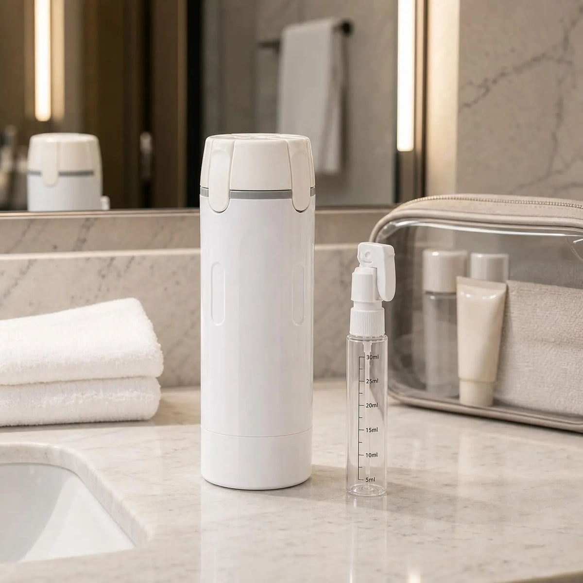 4-in-1 Travel Dispenser Bottle, Refillable Containers with Clear Scale and Waterproof Labels, Leak Resistant Travel Toiletry Bottles for Cosmetics, Shampoo, Lotion, White