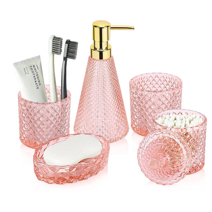 5-Pc Durable Eco-Friendly Bathroom Necessities Set - Enclosed Lid Moisture Seal Accessory Set with Lotion Soap Dispenser, Soap Dish, Toothbrush Holder, Tumbler, Cotton Swab Jar - Ideal for Decor, Women's Housewarming Gift, Bathroom Accessory Set, Durable