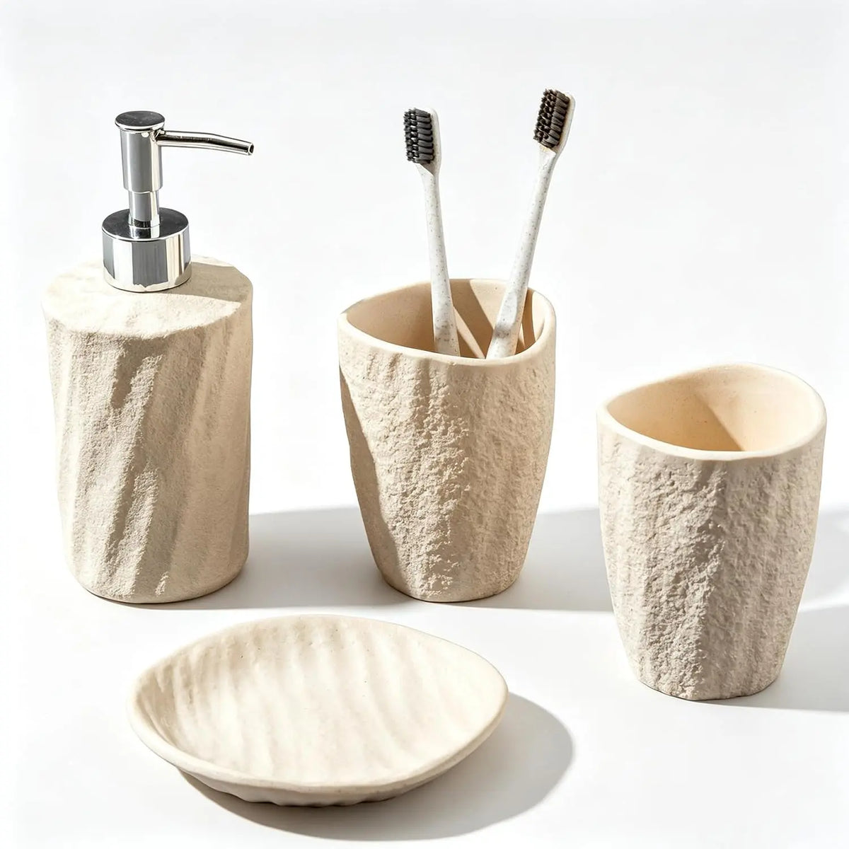 Bathroom Accessories Set, 4 count Modern Stone Texture, White | Minimalist, , with Liquid Soap Dispenser 11.5 OZ, Tumblers,  Holder, Bar Soap Tray, For Countertop Sink