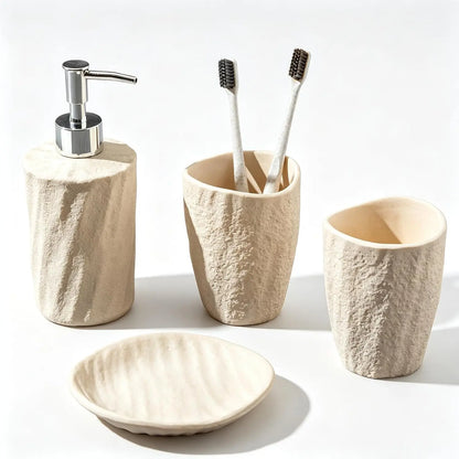 Bathroom Accessories Set, 4 count Modern Stone Texture, White | Minimalist, , with Liquid Soap Dispenser 11.5 OZ, Tumblers,  Holder, Bar Soap Tray, For Countertop Sink