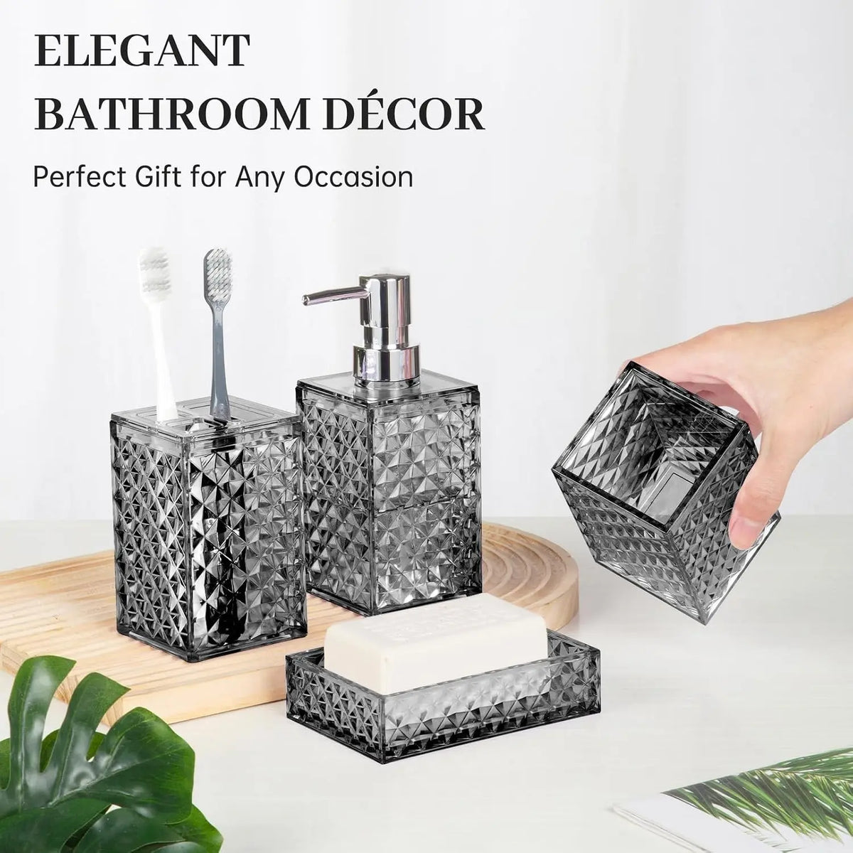 Grey Grid Pattern 4-Piece Stainless Steel Bathroom Accessory Set - Pump Dispenser, Soap Dish, Toothbrush Holder, Polypropylene Mouthwash Cup, Space Saver Modern Decor, Ideal Gift