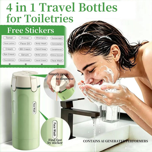 4-in-1 travel toiletry bottles, travel shampoo and conditioner bottles, refillable travel toiletry bottles, TSA-compliant pump lotion bottles, perfect for vacations