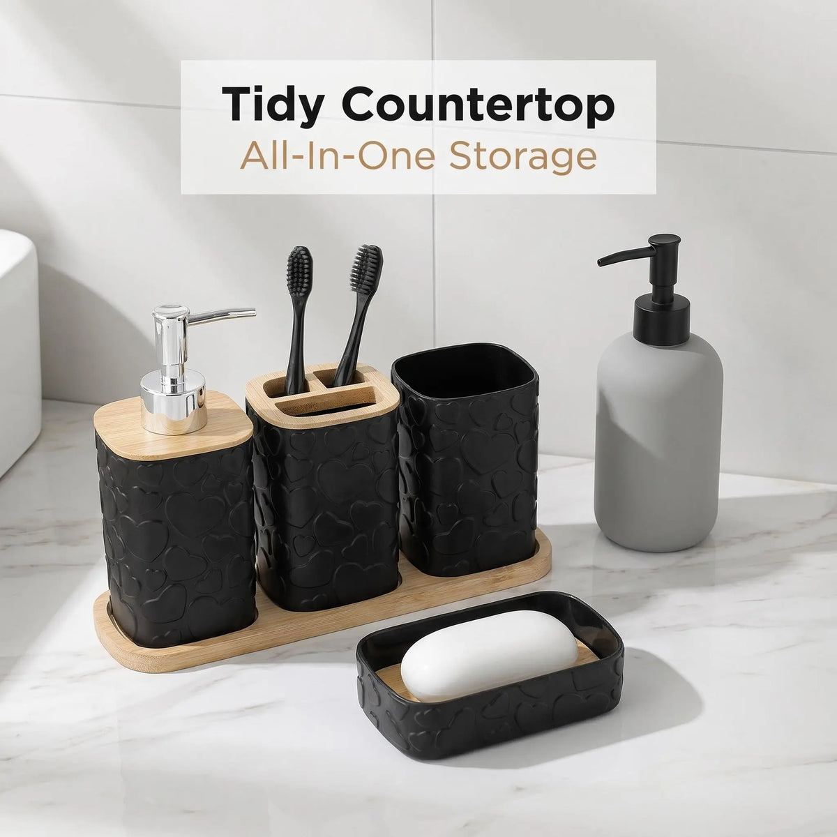 5-Piece Heart Pattern Bathroom Accessory Set, Matte Resin Storage Kit with Bamboo Base, Includes Soap Dispenser, Toothbrush Holder, Mouthwash Cup, Soap Dish, Tray, Restroom Accessories