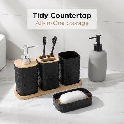 5-Piece Heart Pattern Bathroom Accessory Set, Matte Resin Storage Kit with Bamboo Base, Includes Soap Dispenser, Toothbrush Holder, Mouthwash Cup, Soap Dish, Tray, Restroom Accessories