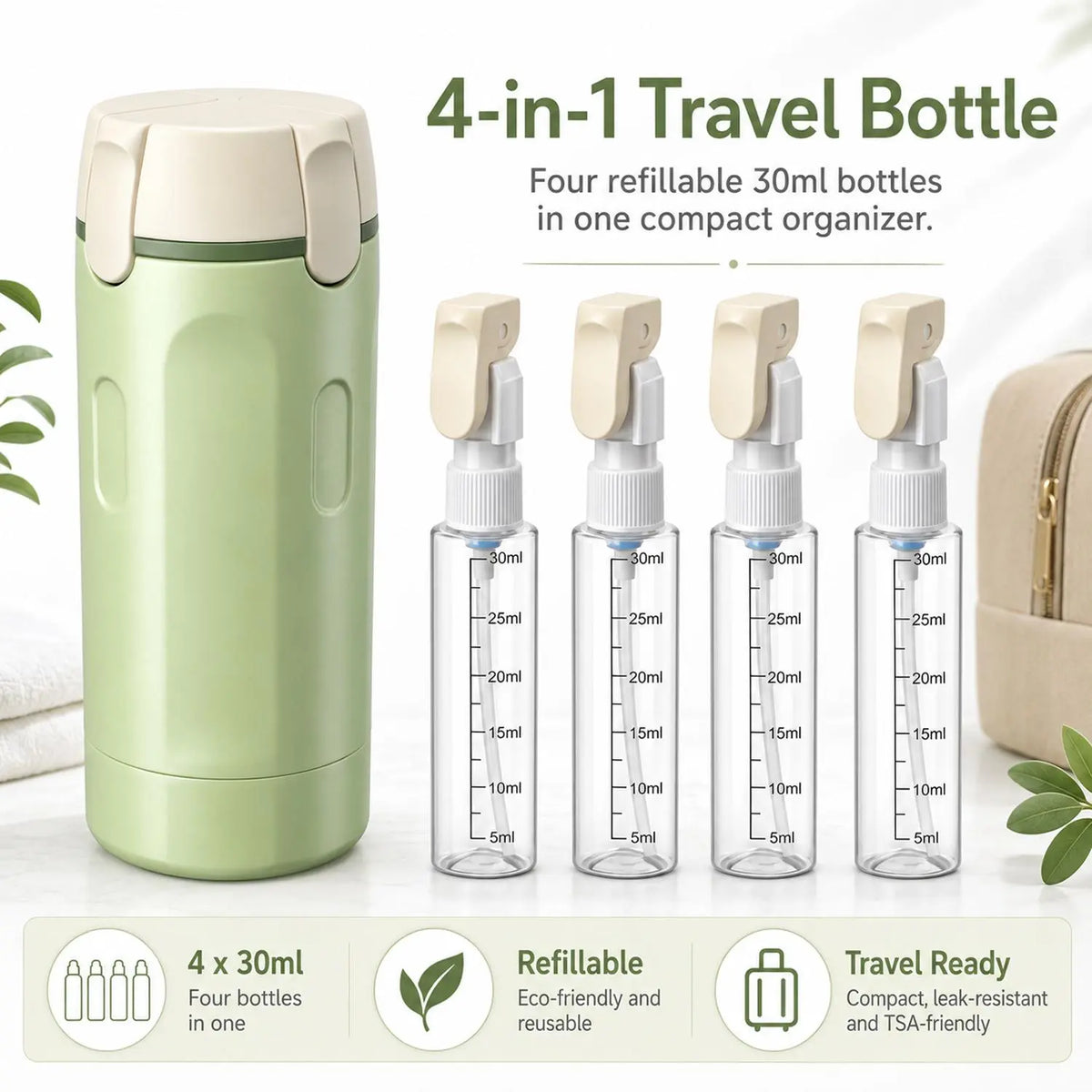 4-Pack Leak-Proof Plastic 4-in-1 Travel Toiletry Dispensers, 30ml Refillable Toiletries Storage Bottles for Shampoo, Conditioner, Body Wash, Lotion - Portable Home Organizer for Camping, Vacation