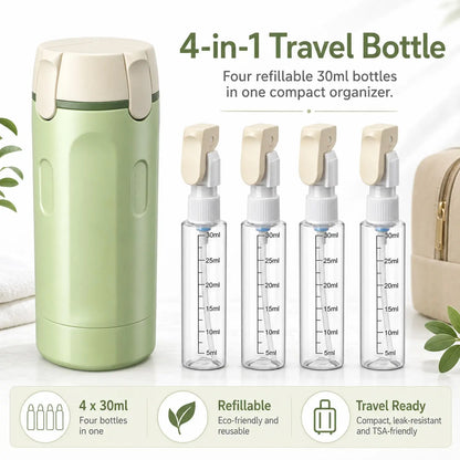 4-Pack Leak-Proof Plastic 4-in-1 Travel Toiletry Dispensers, 30ml Refillable Toiletries Storage Bottles for Shampoo, Conditioner, Body Wash, Lotion - Portable Home Organizer for Camping, Vacation