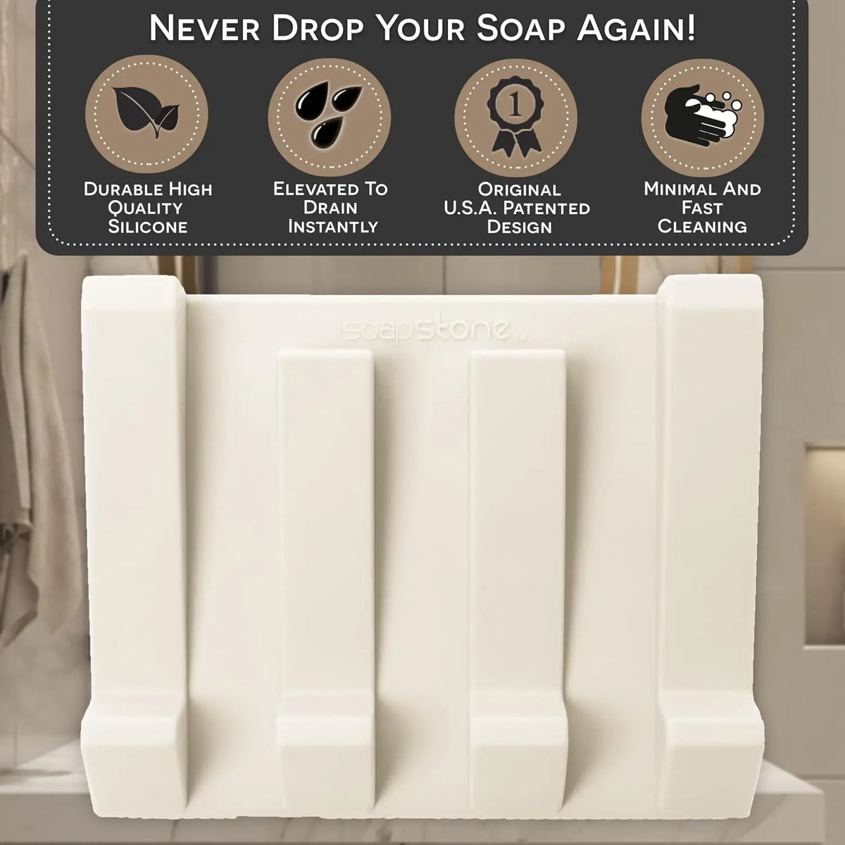 USA Patented Silicone Soap Dish Set - 2 Beige Self-Draining Holders, Easy-Clean Savers, Sponge Accessory for Kitchen