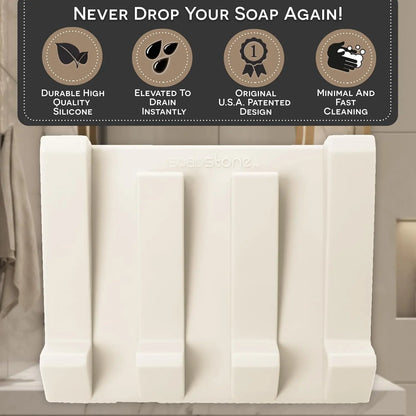USA Patented Silicone Soap Dish Set - 2 Beige Self-Draining Holders, Easy-Clean Savers, Sponge Accessory for Kitchen