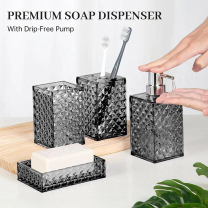 Grey Grid Pattern 4-Piece Stainless Steel Bathroom Accessory Set - Pump Dispenser, Soap Dish, Toothbrush Holder, Polypropylene Mouthwash Cup, Space Saver Modern Decor, Ideal Gift