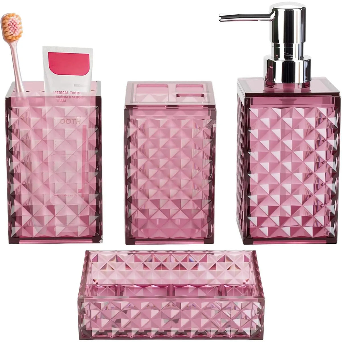 Grey Grid Pattern 4-Piece Stainless Steel Bathroom Accessory Set - Pump Dispenser, Soap Dish, Toothbrush Holder, Polypropylene Mouthwash Cup, Space Saver Modern Decor, Ideal Gift