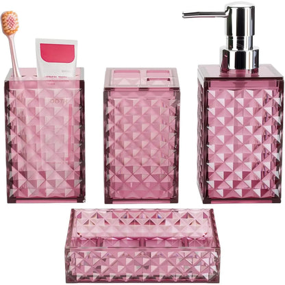 Grey Grid Pattern 4-Piece Stainless Steel Bathroom Accessory Set - Pump Dispenser, Soap Dish, Toothbrush Holder, Polypropylene Mouthwash Cup, Space Saver Modern Decor, Ideal Gift