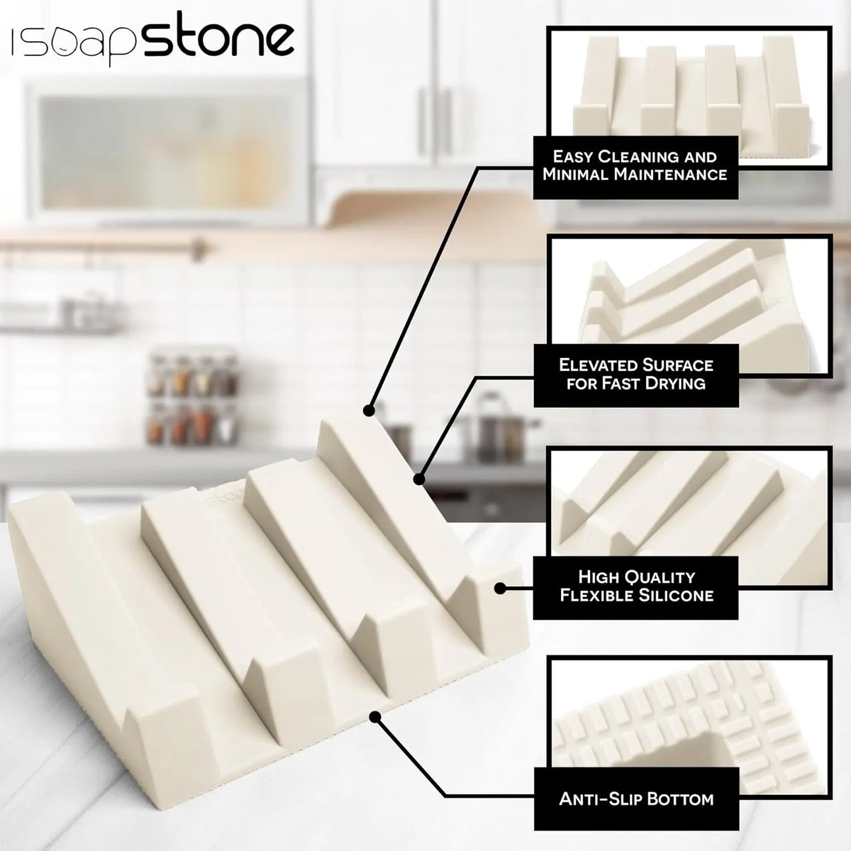 USA Patented Silicone Soap Dish Set - 2 Beige Self-Draining Holders, Easy-Clean Savers, Sponge Accessory for Kitchen