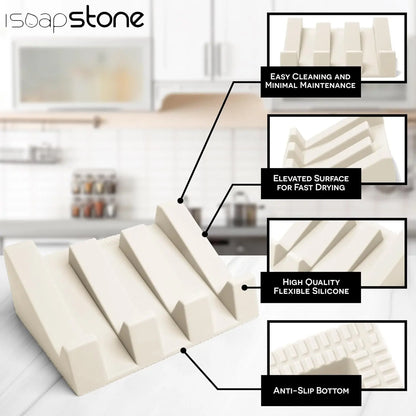 USA Patented Silicone Soap Dish Set - 2 Beige Self-Draining Holders, Easy-Clean Savers, Sponge Accessory for Kitchen