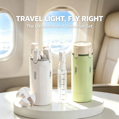 4-in-1 Compact Portable Travel Toiletry Dispenser Set, TSA-Approved Leakproof Airtight Refillable Design Storage Bottles, BPA-Free Travel-Size Containers with Spray Bottle Labels for Shampoo, Body Wash, Skincare, Airplane Essentials