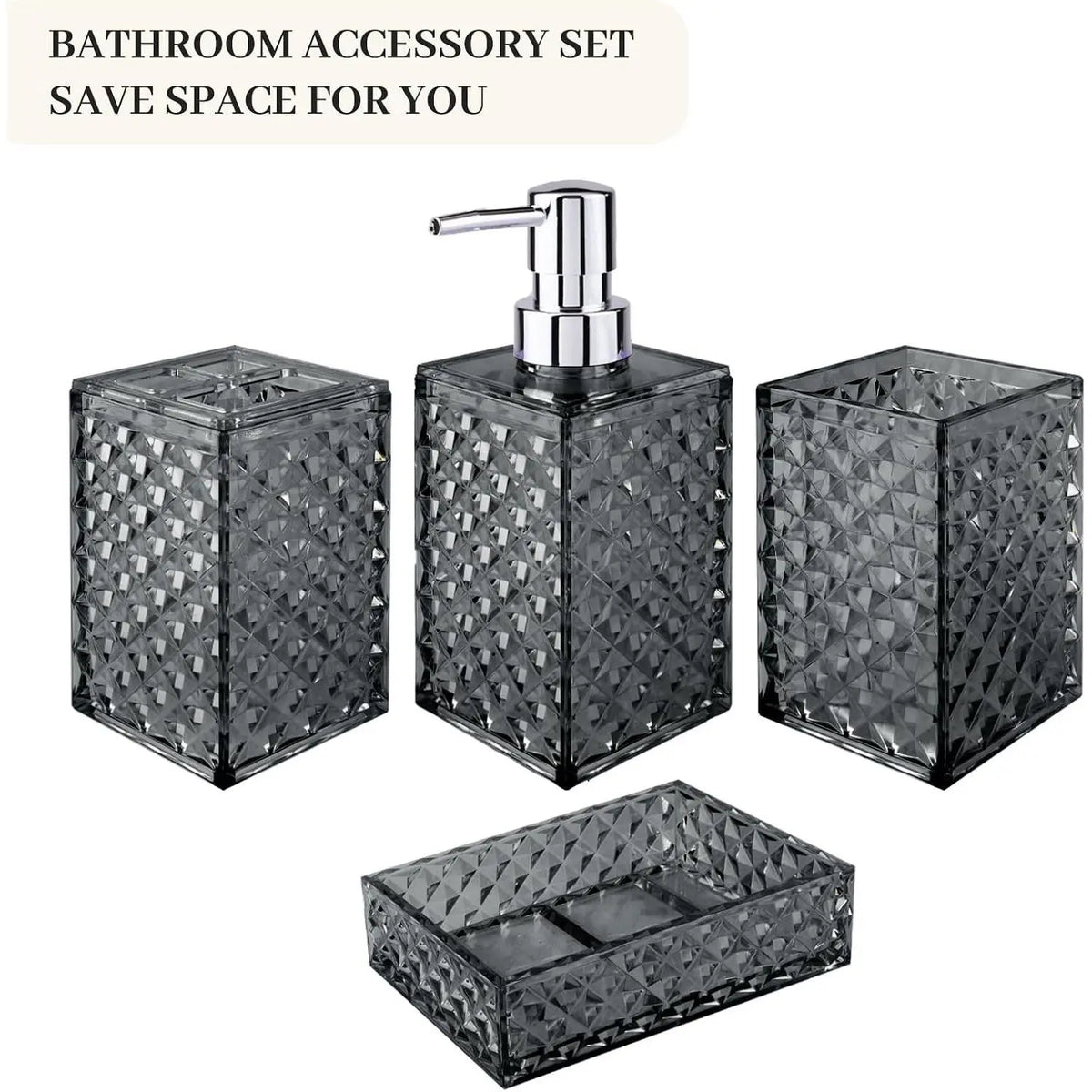 Grey Grid Pattern 4-Piece Stainless Steel Bathroom Accessory Set - Pump Dispenser, Soap Dish, Toothbrush Holder, Polypropylene Mouthwash Cup, Space Saver Modern Decor, Ideal Gift