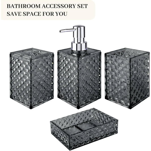 Grey Grid Pattern 4-Piece Stainless Steel Bathroom Accessory Set - Pump Dispenser, Soap Dish, Toothbrush Holder, Polypropylene Mouthwash Cup, Space Saver Modern Decor, Ideal Gift