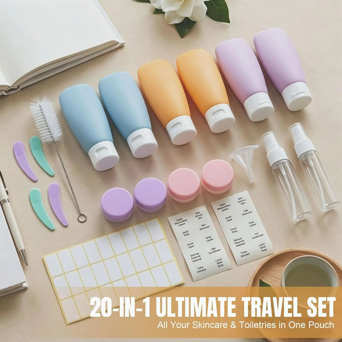 20-Pack TSA-Approved Travel Toiletry Bottles Kit, Transparent Compact Plastic Containers, Leakproof Refillable Canisters for Shampoo, Conditioner, Lotion