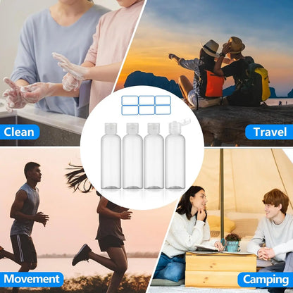 4 Pack 3.4 Oz (100ml) TSA Approved Travel Bottles for Toiletries | Leak Proof Plastic Travel Essentials Accessories with Labels