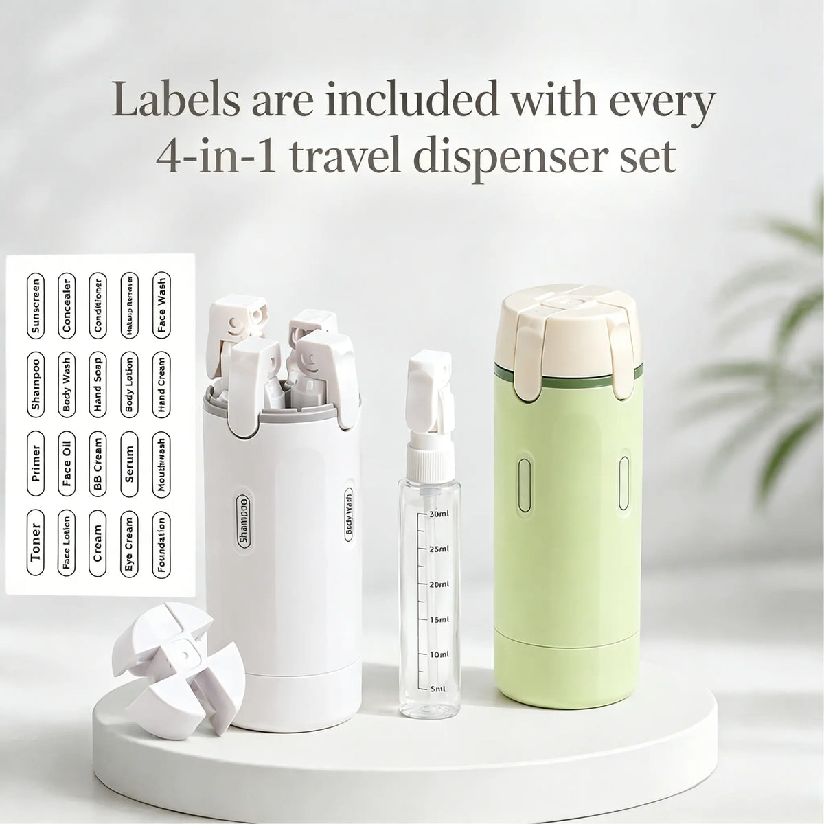 4-in-1 Compact Portable Travel Toiletry Dispenser Set, TSA-Approved Leakproof Airtight Refillable Design Storage Bottles, BPA-Free Travel-Size Containers with Spray Bottle Labels for Shampoo, Body Wash, Skincare, Airplane Essentials