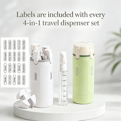 4-in-1 Compact Portable Travel Toiletry Dispenser Set, TSA-Approved Leakproof Airtight Refillable Design Storage Bottles, BPA-Free Travel-Size Containers with Spray Bottle Labels for Shampoo, Body Wash, Skincare, Airplane Essentials