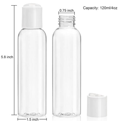 30-Piece 4oz Transparent PET Small Size Travel Toiletry Bottles Set with Covers, 6 Funnels Included, Refillable Plastic Squeeze Containers for Shampoo, Lotion