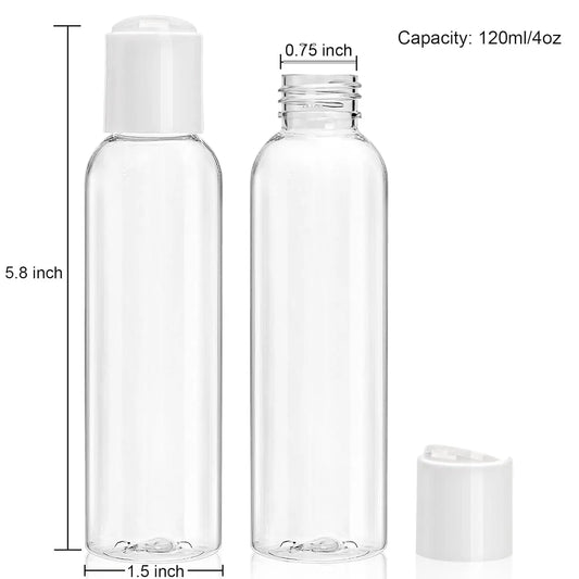 30-Piece 4oz Transparent PET Small Size Travel Toiletry Bottles Set with Covers, 6 Funnels Included, Refillable Plastic Squeeze Containers for Shampoo, Lotion