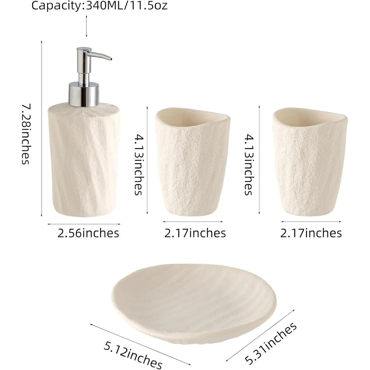 Bathroom Accessories Set, 4 count Modern Stone Texture, White | Minimalist, , with Liquid Soap Dispenser 11.5 OZ, Tumblers,  Holder, Bar Soap Tray, For Countertop Sink