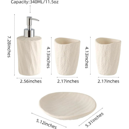 Bathroom Accessories Set, 4 count Modern Stone Texture, White | Minimalist, , with Liquid Soap Dispenser 11.5 OZ, Tumblers,  Holder, Bar Soap Tray, For Countertop Sink