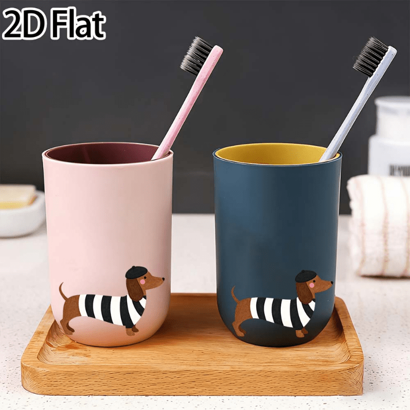 1pc Plastic Bathroom Mouthwash Cup, Striped Outfit Dachshund with Beret Print Toothbrush Storage, Multi-purpose Washing Cup for Brushing Teeth, Rinsing & Facial Cleansing, Daily Essential for Home and Travel