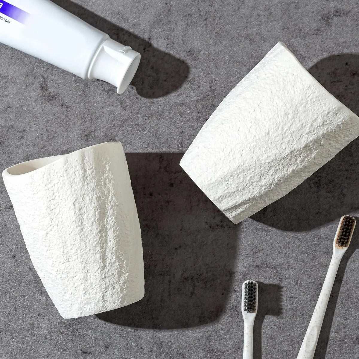 Bathroom Accessories Set, 4 count Modern Stone Texture, White | Minimalist, , with Liquid Soap Dispenser 11.5 OZ, Tumblers,  Holder, Bar Soap Tray, For Countertop Sink