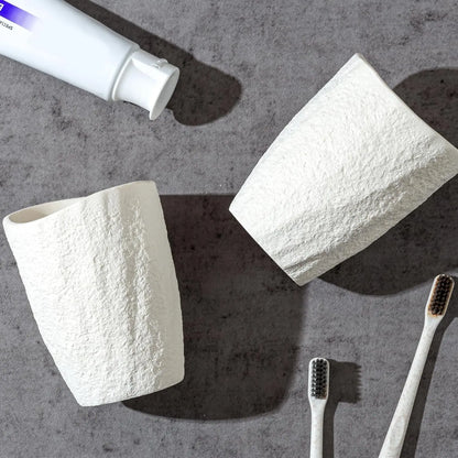 Bathroom Accessories Set, 4 count Modern Stone Texture, White | Minimalist, , with Liquid Soap Dispenser 11.5 OZ, Tumblers,  Holder, Bar Soap Tray, For Countertop Sink