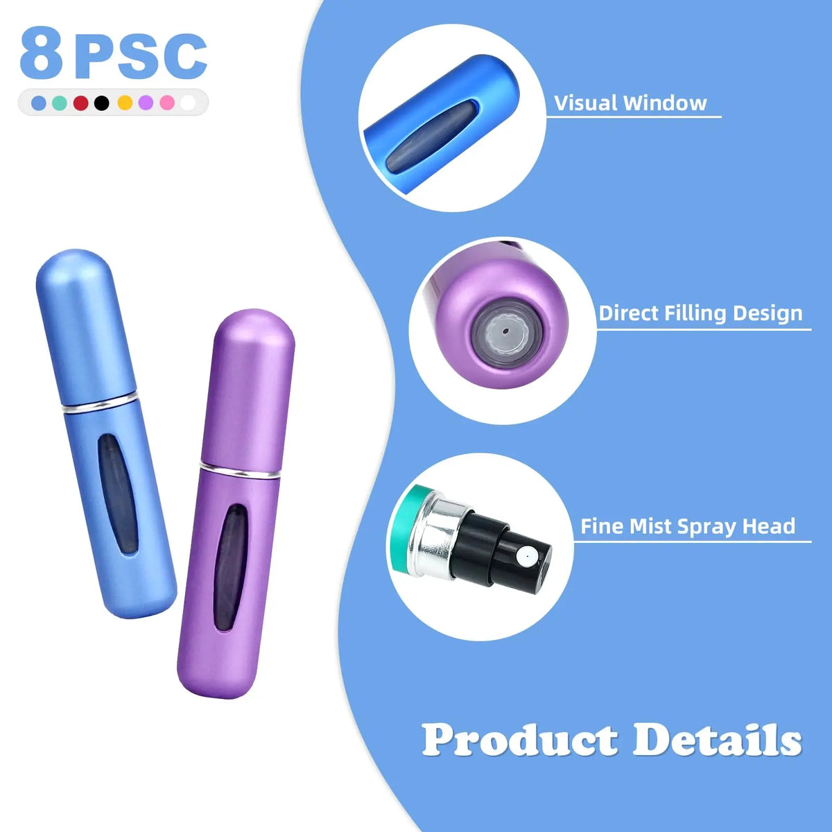 8Pcs 5mL Refillable Perfume Atomizer Bottles, Portable Travel Spray Vials with Tin Storage Case