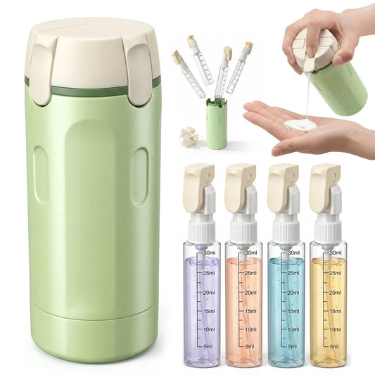 4-Pack Leak-Proof Plastic 4-in-1 Travel Toiletry Dispensers, 30ml Refillable Toiletries Storage Bottles for Shampoo, Conditioner, Body Wash, Lotion - Portable Home Organizer for Camping, Vacation