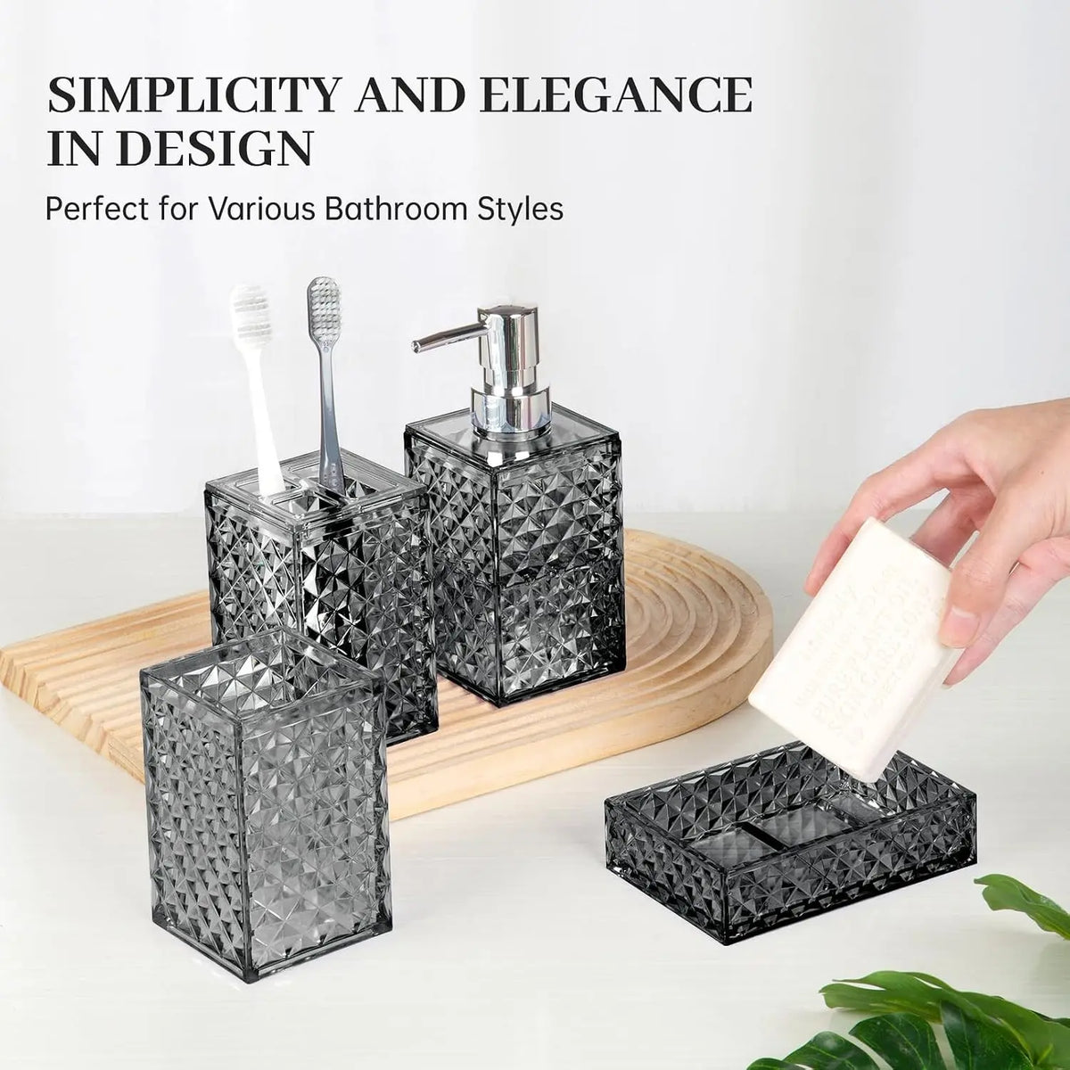 Grey Grid Pattern 4-Piece Stainless Steel Bathroom Accessory Set - Pump Dispenser, Soap Dish, Toothbrush Holder, Polypropylene Mouthwash Cup, Space Saver Modern Decor, Ideal Gift