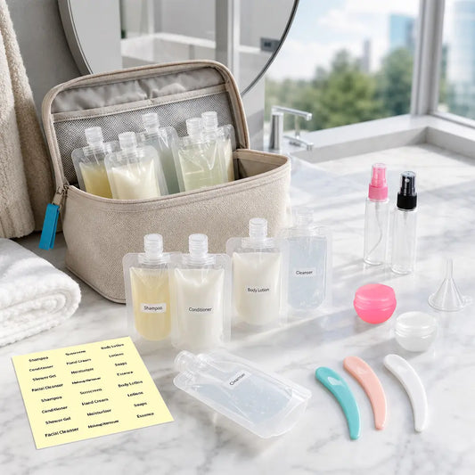 Travel Bottles Travel Size Toiletry Containers Set TSA Approved Refillable Empty Squeeze Travel Liquid Bottles Jars Spray Bottles with Funnel Spatula Labels Portable Leak Proof Cosmetic Travel Accessories for Shampoo Lotion Skincare