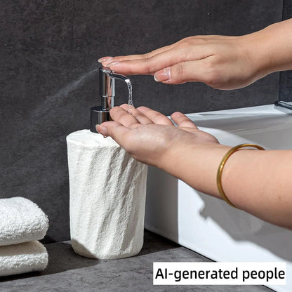 Bathroom Accessories Set, 4 count Modern Stone Texture, White | Minimalist, , with Liquid Soap Dispenser 11.5 OZ, Tumblers,  Holder, Bar Soap Tray, For Countertop Sink