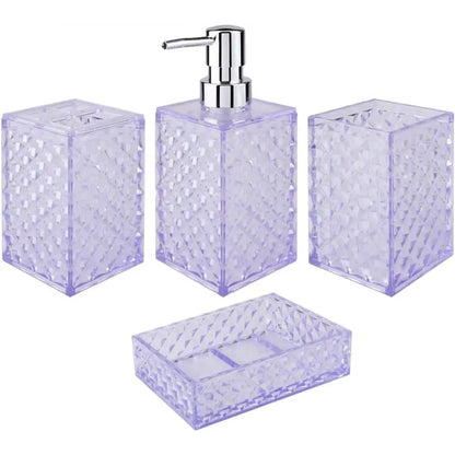 Grey Grid Pattern 4-Piece Stainless Steel Bathroom Accessory Set - Pump Dispenser, Soap Dish, Toothbrush Holder, Polypropylene Mouthwash Cup, Space Saver Modern Decor, Ideal Gift