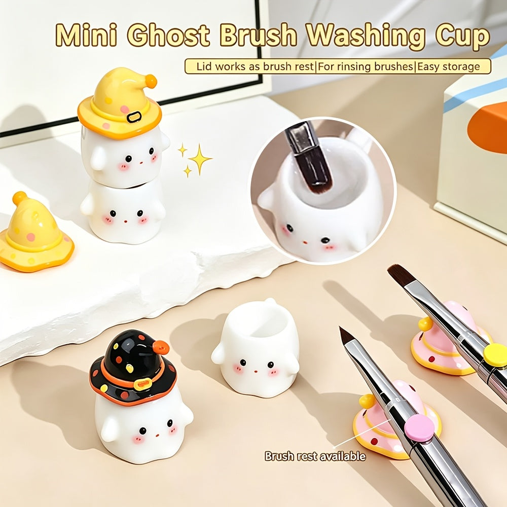 1pc Mini Nail Brush Washing Cup, Nail Art Cleaner Cup, Cute Ghost Ceramic Wash Cup with Detachable Witch Hat Lid, Portable Tiny Manicure Brush Rinse Holder, Nail Desktop Supplies, Halloween Cartoon Nail Art Tools for Salon Home Gel Nail Painting