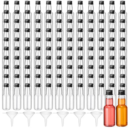 120-Piece Bulk Transparent Plastic Carbonated Water Storage Bottles (4.337 Inches Height, 2 fl oz) with Leakproof Caps, 6 Funnel Pouring Aids - Home & Kitchen Organization Supplies for Weddings, Birthdays