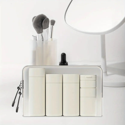 5PCS Travel Cream Dispenser Bottles Set Travel Bottles Toiletry Containers Set,Leak Proof Refillable Travel Accessories for Shampoo Conditioner Travel Essentials Transparent Organiser Beige Canister Tin,sohochic