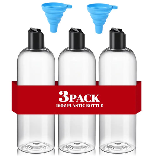 3Pcs 16 oz (500ml) BPA-Free Squeezable Refillable Plastic Empty Bottles, Black Disc Top Caps, 2 Small Funnels - Home Improvement Containers for Shampoo, Lotions,sohochic