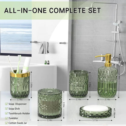 5-Pc Durable Eco-Friendly Bathroom Necessities Set - Enclosed Lid Moisture Seal Accessory Set with Lotion Soap Dispenser, Soap Dish, Toothbrush Holder, Tumbler, Cotton Swab Jar - Ideal for Decor, Women's Housewarming Gift, Bathroom Accessory Set, Durable