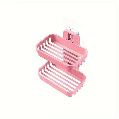 Beige-Pink Wall-Mount Plastic 2-Layer Rectangle Soap Dish Set, Durable Compact Bathroom Storage Organizer, Removable Home Bathroom Supply