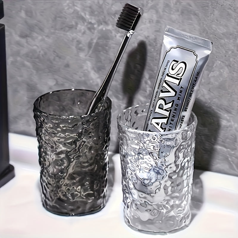 Glacier Texture Plastic Glass-like Bathroom Cup - Icy White Corrugated Toothbrush Holder & Vanity Cup, Durable Shatterproof Glass-like Design, for Couples, Modern Shower Organizer, Holiday Gift (Toothbrush Compatible)