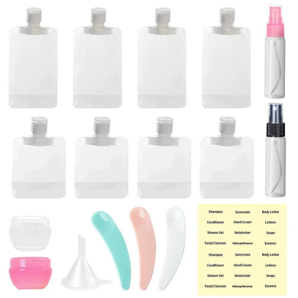 Travel Bottles Travel Size Toiletry Containers Set TSA Approved Refillable Empty Squeeze Travel Liquid Bottles Jars Spray Bottles with Funnel Spatula Labels Portable Leak Proof Cosmetic Travel Accessories for Shampoo Lotion Skincare