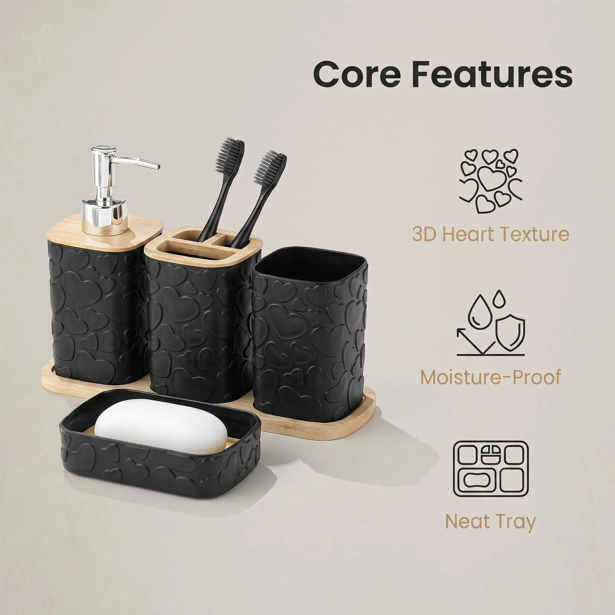 5-Piece Heart Pattern Bathroom Accessory Set, Matte Resin Storage Kit with Bamboo Base, Includes Soap Dispenser, Toothbrush Holder, Mouthwash Cup, Soap Dish, Tray, Restroom Accessories